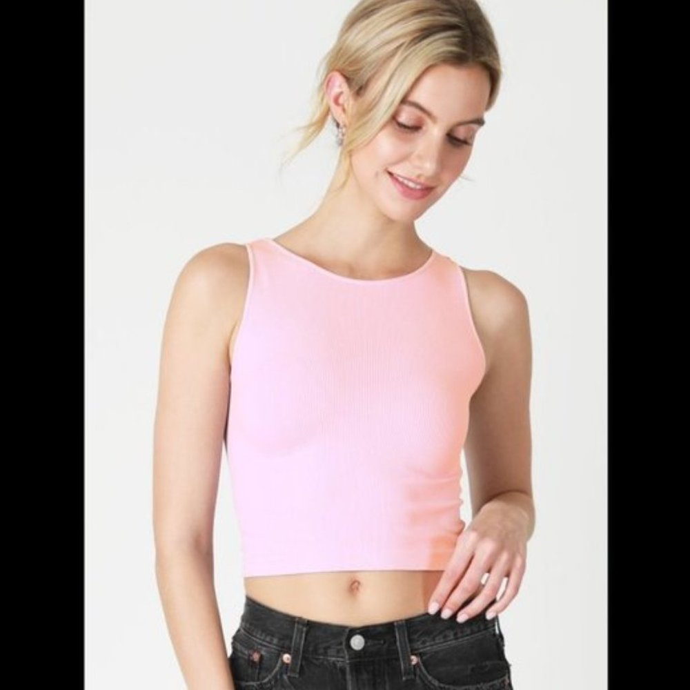 NEW Crystal Rose Pink High Neck Ribbed Soft and Stretchy Crop Top